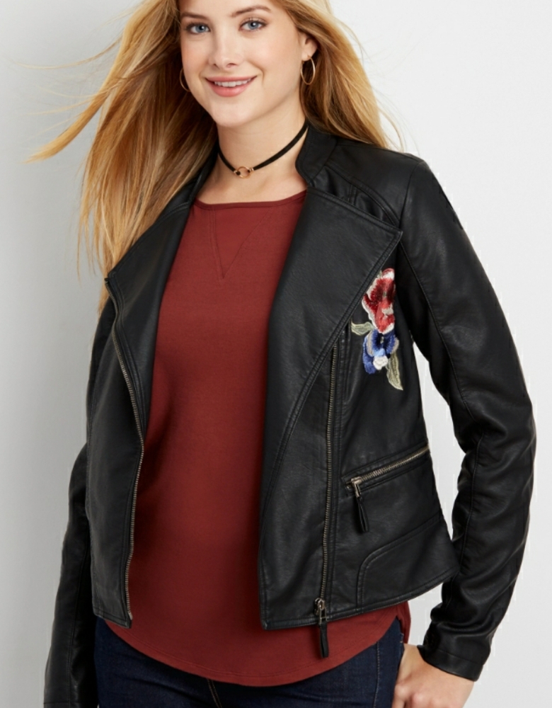 Maurices faux leather moto jacket with floral embroidery and ribbed knit